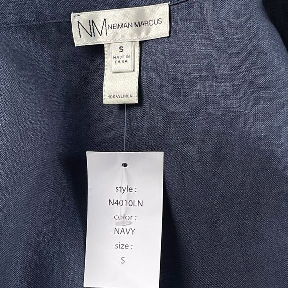 NWT Neiman Marcus Tie Front Collared Linen Jacket Blouse (Navy) - Small - Picture 10 of 11